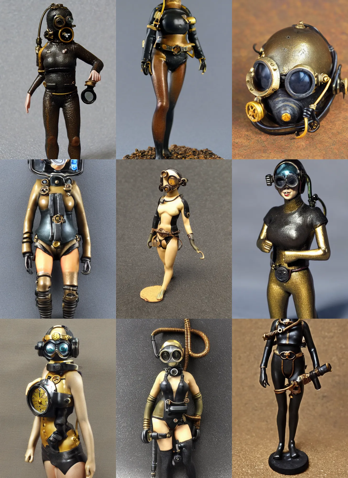 Prompt: 80mm resin detailed miniature of a Diver woman, steampunk diving helmet, black-bikini, stomach skin, navel, belly, tights, foot, textured base; Miniature Product Photos, 4K, view from front