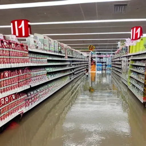 Prompt: picture of a flooded store, store flooded with water, water everywhere, water at knee height, target store aisle