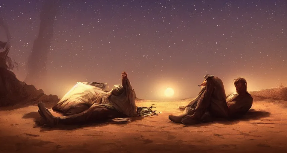 Prompt: a man resting in the desert at night, artstation