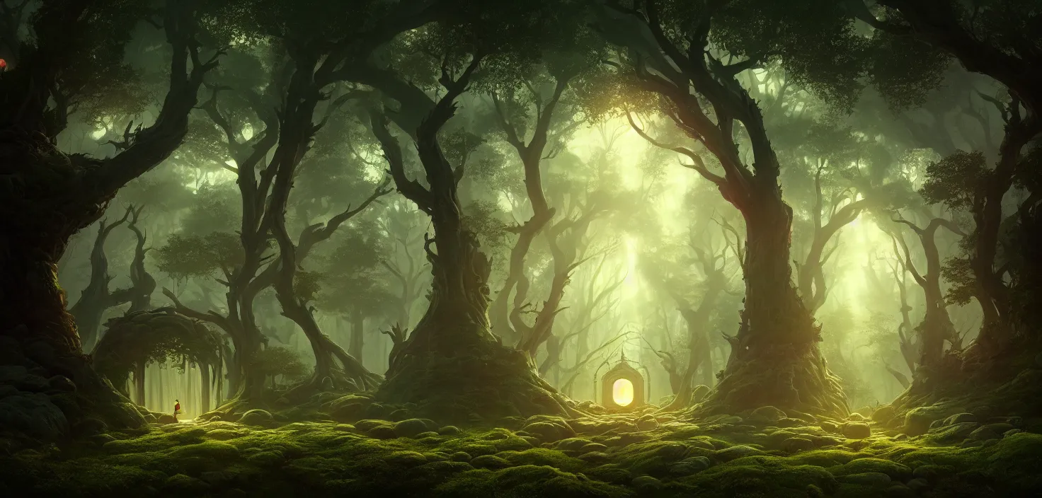 Prompt: random mystic forest huge house landscape, big glowing magic giant portal, huge central symmetrical composition, incredible, vector art, octane render, fabulous, hyper detailed, random cinematic view, no noise, global illumination, warm lighting, volumetric, godrays, vivid, beautiful, by jordan grimmer