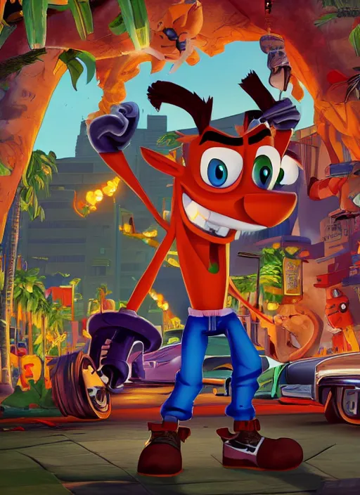 Prompt: Crash Bandicoot as a gangster in GTA V, Cover Art by Stephen Bliss, Boxart, Loading Screen. 8k Resolution