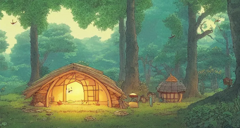 Image similar to beautiful wide shot cozy hut in the forest near river with fireflies , studio ghibli, Miyazaki, studio ghibli, Jean girard, Moebius , animation, golden hour, highly detailed, 70mm