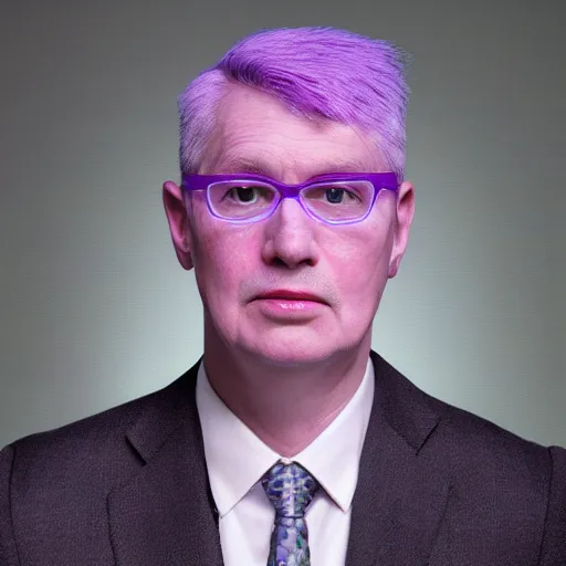 Image similar to augustus aloysius corporate portrait, senior sales marketing acquisitions ceo executive vp, purple green color scheme, professional studio lighting, hyperreal detailed lifelike facial features, corporate portraiture photographed by david lynch