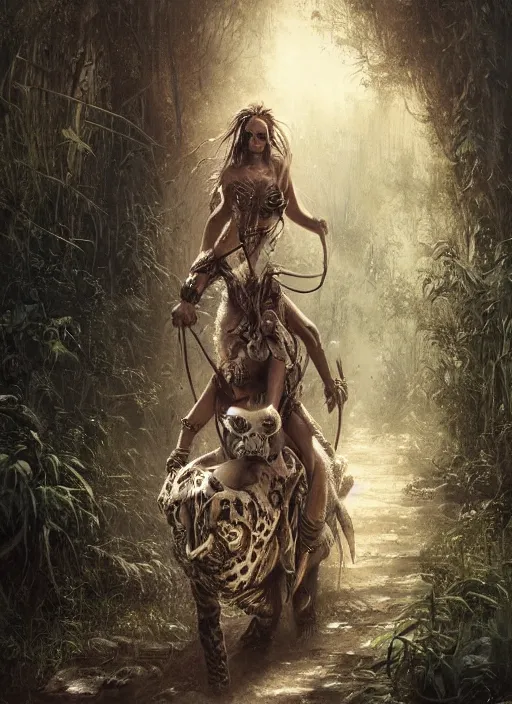 Prompt: a portrait of a very beautiful cute tribal woman riding a mutated jaguar, post apocalyptic city overgrown with lush vegetation, by Luis Royo, by Greg Rutkowski, dark, gritty, intricate, backlit, strong rimlight, cover illustration, concept art, volumetric lighting, volumetric atmosphere, sharp focus, octane render, trending on artstation, 8k