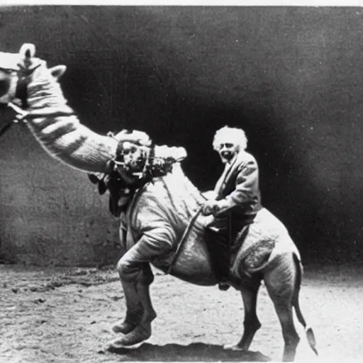 Prompt: einstein riding a camel and eating a hotdog