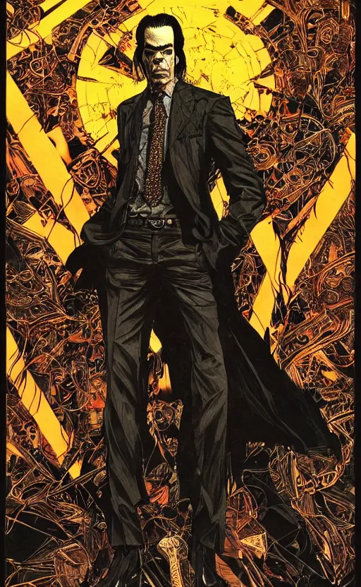 Image similar to full body portrait of nick cave with all the evil inside him, sumi - e lighting style, intricate linework, artstation, trending, highly detailed, smooth, focus, concept art by yoji shinkawa and glenn fabry, lee bermejo, gabriele dell'otto