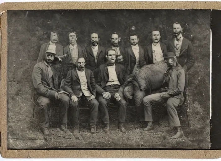 Image similar to tintype photo a group of men with a woolly mammoth