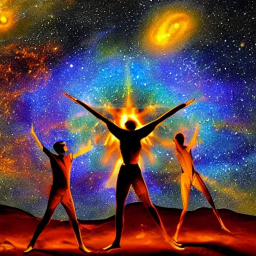 Image similar to the glowing human forms of pancha bhutas wielding their respective elements against a starry galaxy, with a small human silhouette prostrating in front of them