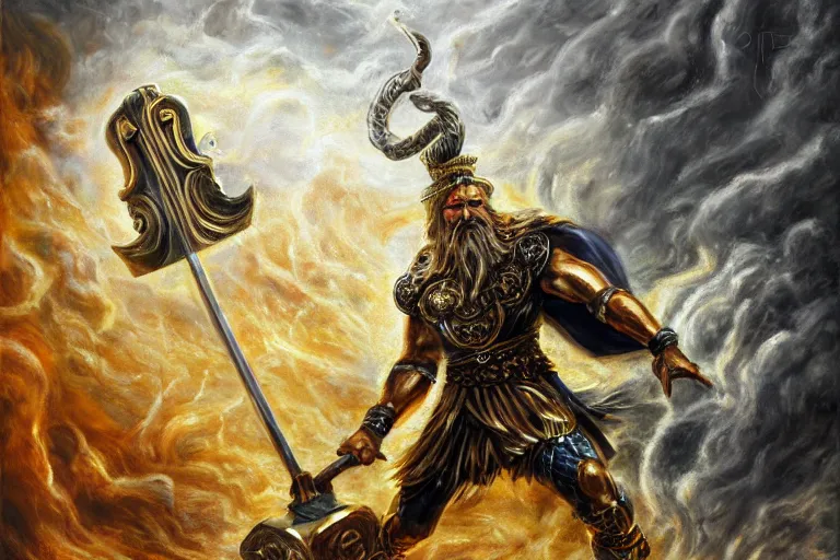 Image similar to mythological angry odin all father supreme God of thunder and smithing and artificial intelligence creating an artificial neural network with gold synapses on an anvil with his mighty hammer, high resolution, award winning art, trending on art station, sharp image, incredibly detailed, detailed character, realistic painting, hyperrealistic painting