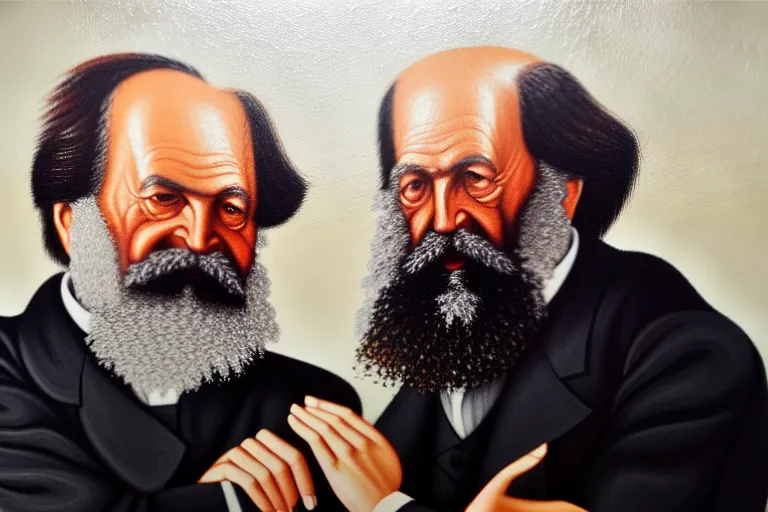 Prompt: ( ( a beautiful 8 k photorealistic masterpiece oil - painting ) ( close up ) and ( zoom out ) ( of ( karl marx and sigmund freud hugging ) ( in funny clothes ( both giggling and having fun ) ) ) ( hyperrealism ) ( 1 6 k ) ( trending on artstation )