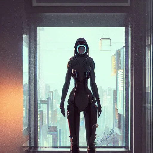 Image similar to portrait of cyberpunk woman looking out of a window, cyberpunk setting, futuristic, highly detailed, intricate lighting, digital painting, sharp focus, illustration, trending on artstation, art by wlop.