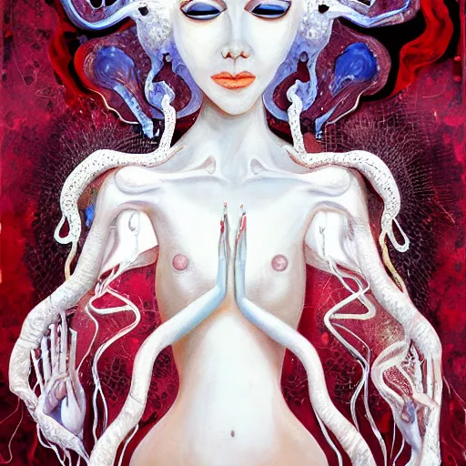 Image similar to beautiful painting of a white arthropod goddess with silver linings, coral mutations and melting jewelry in the style of Francis Bacon and Jesse Kanda. Digital art, detailed, trending on Artstation