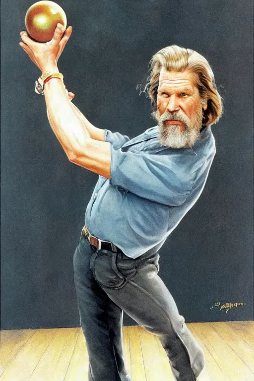 Image similar to Jeff Bridges from the movie The big Lebowski playing bowling painted by Norman Rockwell