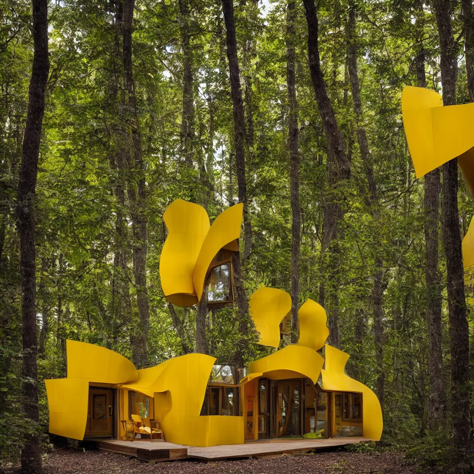 Image similar to a tiny tiny house in a light forest, designed by Frank Gehry. Tiles. Film grain, cinematic, yellow hue