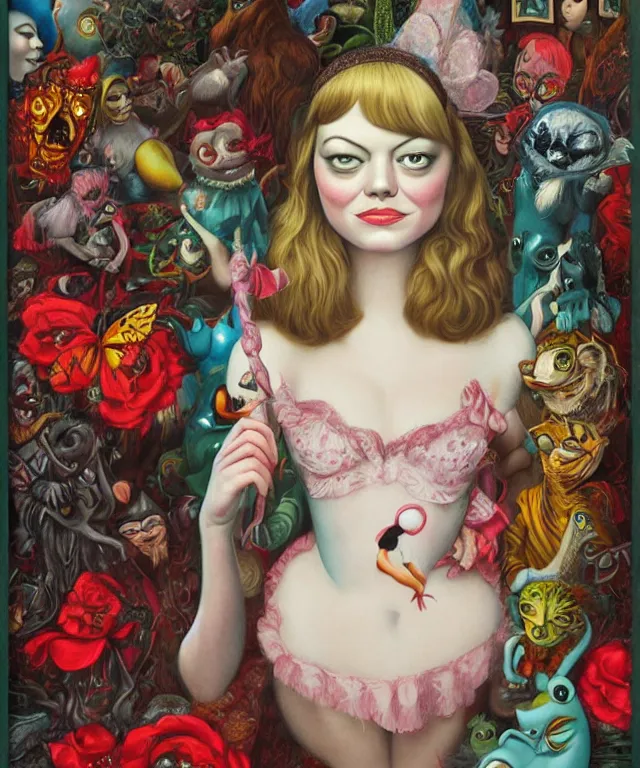 Image similar to portrait of Emma Stone in wonderland, lowbrow painting by Mark Ryden