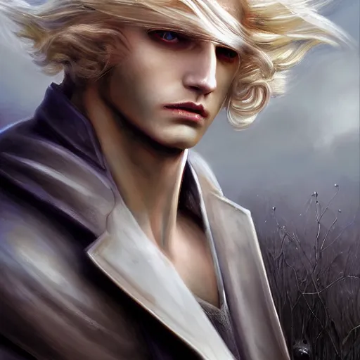 Image similar to digital art of a pale menacing male Cyborg Angel of Battle with long blond curls of hair and piercing eyes, johan liebert mixed with Dante, central composition, he commands the fiery power of resonance and wrath, very very long blond curly hair with bangs!!!, baroque curls, by James Gurney and Seb mckinnon and WLOP, Artstation, CGsociety