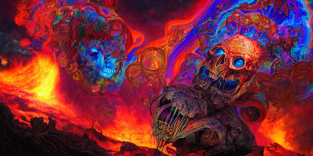 Prompt: gigantic psychedelic demonic cosmic skull of death and fire, outer space, fantasy painting, ultra realistic, dmt, rule of thirds, wide angle, art nouveau, intricate details, digital painting, rainbowshift, vivid colors, highly detailed by peter mohrbacher, h. r. giger, maxfield parrish, craig mullins, octane render, cgi