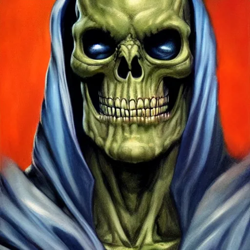 Image similar to ultra realistic portrait painting of skeletor as spider - man in spider - man remastered, art by frank frazetta, 4 k, ultra realistic, highly detailed, epic lighting