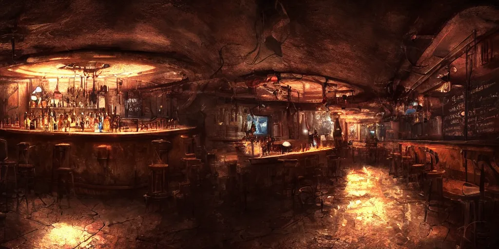 Image similar to underground bar, atmospheric lighting, high quality, sharp focus, intricate, digital art, artstation, 4k