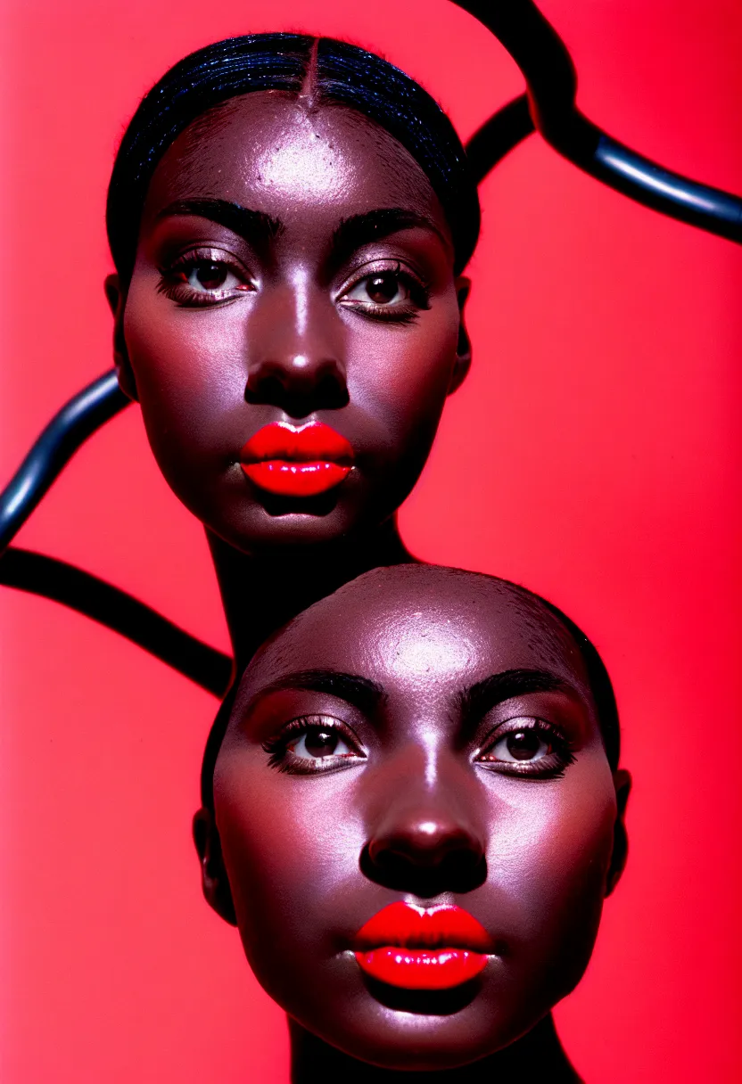 Prompt: medium shot, photograph of alluring dark skin young woman looking into camera, red lipstick, hundreds of cables and wires coming from her body, sharp focus,, as fashion editorial 9 0 s, symmetrical face, symmetry, kodak ektachrome