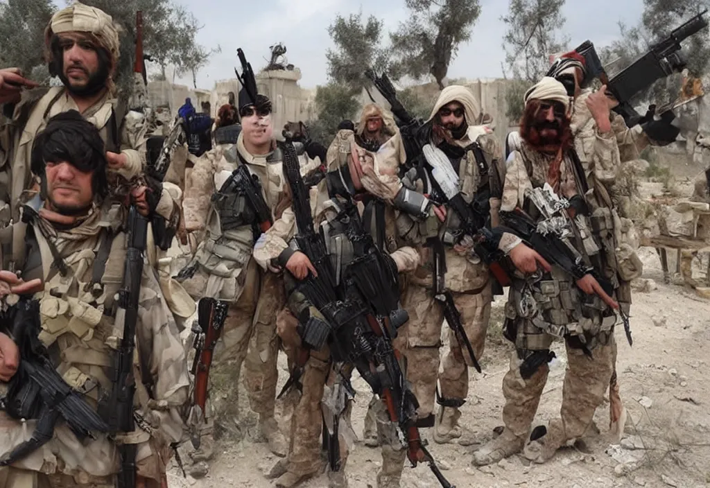 Prompt: cosplayers fighting the taliban in syria