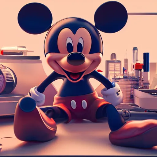Prompt: mickey mouse, dissected by a group of network executives, on an operating table, octane render, cgstation, 3 d render, very detailed, mindblowing, blood and guts, gritty, cyberpunk