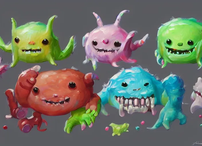 Image similar to concept art of cute candy monsters, oil painting by Jama Jurabaev, extremely detailed, brush hard, artstation, for AAA game, high quality