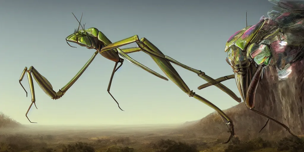 Image similar to a gigantic mantis religiosa attacks a rich los angeles suburb, matte painting trending on artstationn hopper