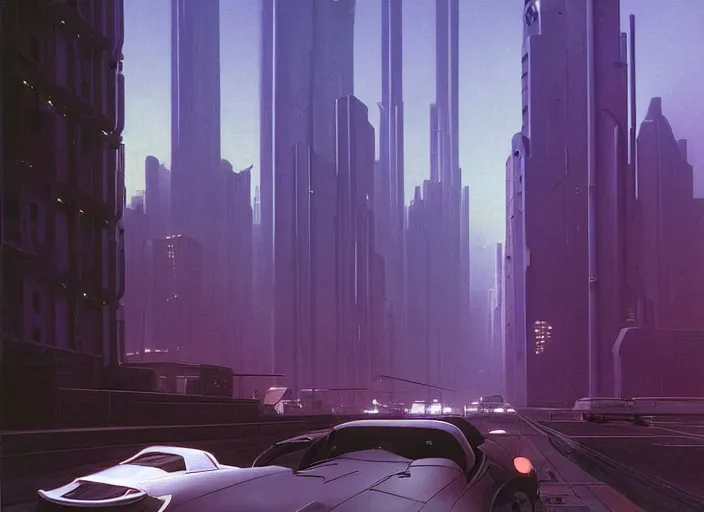 Image similar to a car driving down a street next to tall buildings, cyberpunk art by Chesley Bonestell, cgsociety, retrofuturism, matte painting, reimagined by industrial light and magic