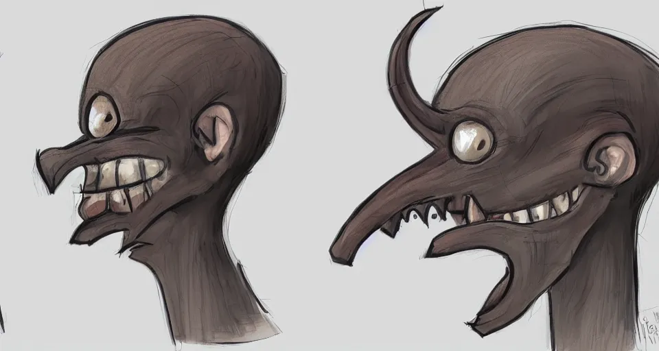 Prompt: concept art of a lean and lanky creature that has a comedy mask as a head, concept art, world building, character design