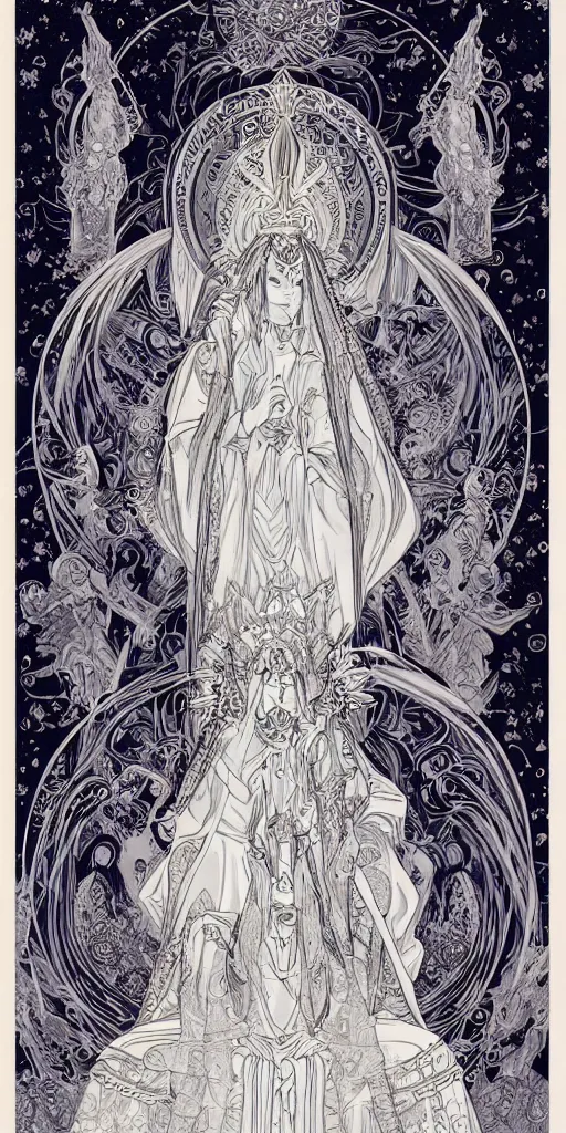 Image similar to a mystical woman priestess sitting on a throne, the divine feminine, drawn by studio UFOTABLE, fine line work