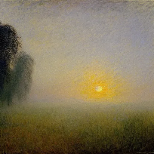 Prompt: willow trees in a misty field at daybreak, atmospheric, by turner and monet