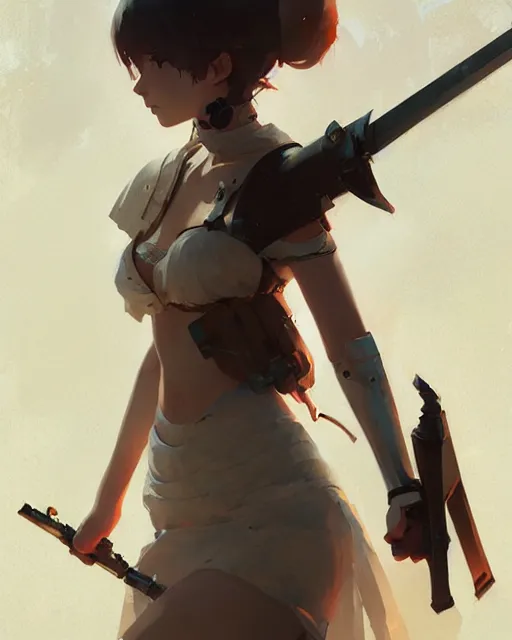 Prompt: cute girl, whitesmith, huge weapon, mechanical parts, digital painting by krenz cushart, ilya kuvshinov, akihiko yoshida, greg rutkowski, karl spitzweg, intricate background