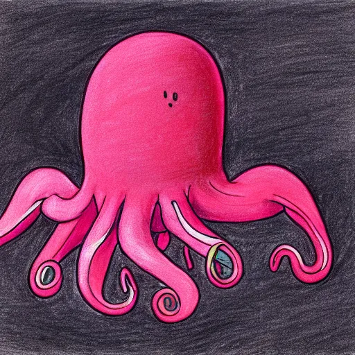 Image similar to multicolor drawing of a sad octopus wearing a pink hat by alex heywood in 4 k ultra high resolution, with depressive feeling
