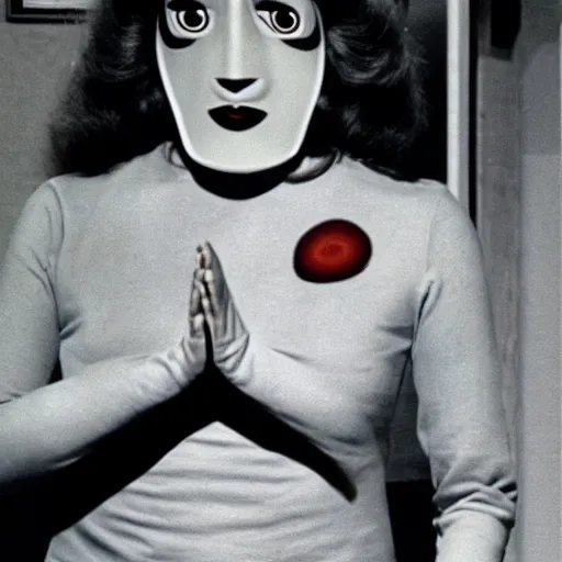 Prompt: woman with prosthetic nose enters an eyeball cult, 1981 children's tv show, color