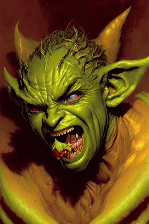 Prompt: tiny evil green goblin with huge ears and golden teeth eating baked beans portrait dnd, painting by gaston bussiere, craig mullins, greg rutkowski, yoji shinkawa