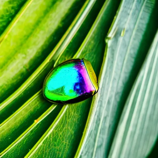 Image similar to an iridiscent scarab on top of a monstera leaf, close-up, 35mm, f1.8, realistic