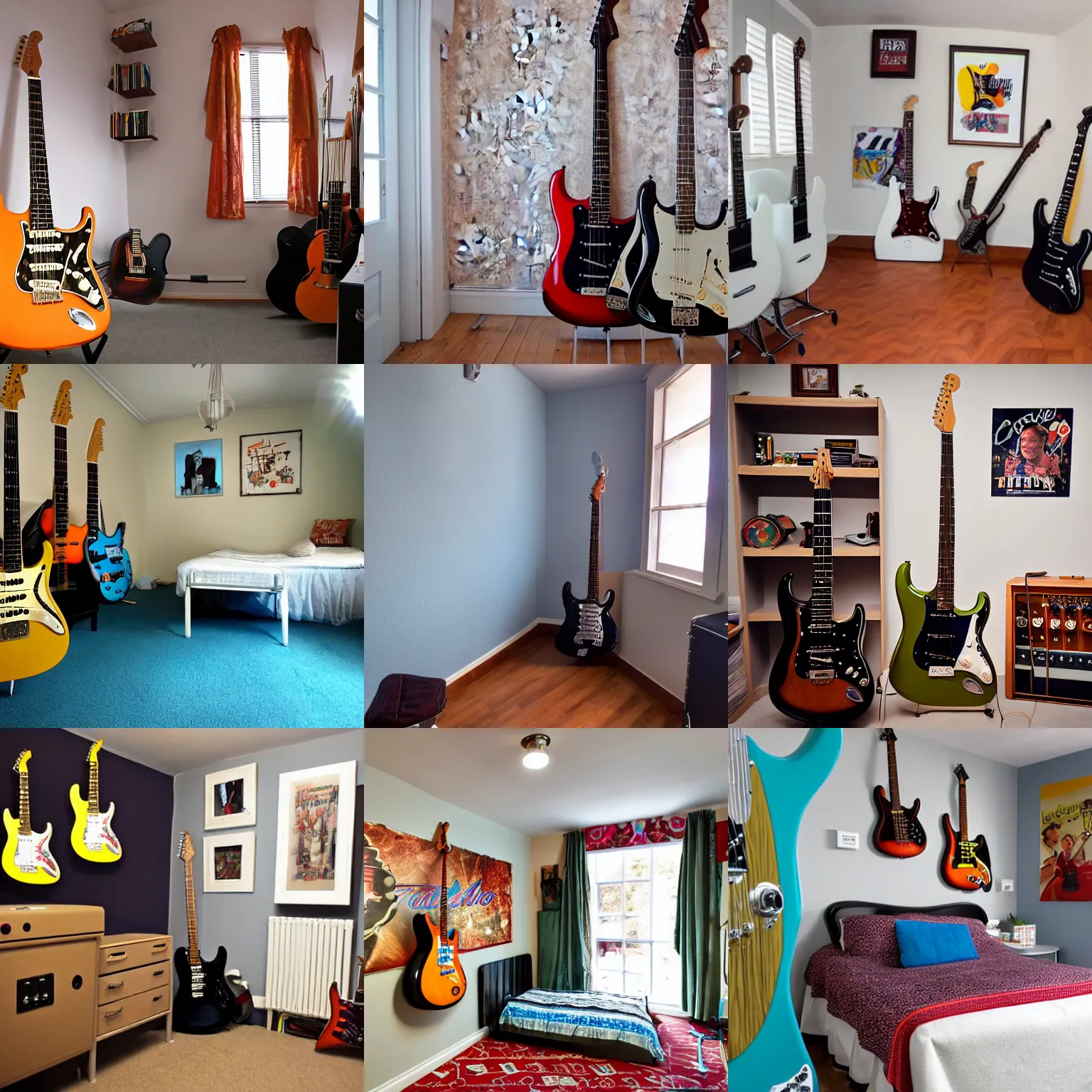 Prompt: retro room in 9oth with a stratocaster guitar on the wall