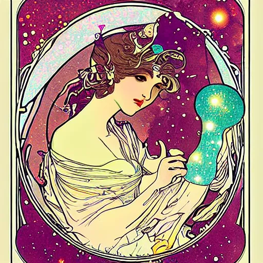 Image similar to princess fairy creating galaxies, art nouveau by Mucha, beautiful detailed illustration