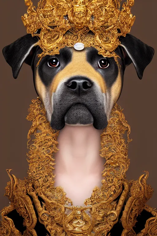 Image similar to a beautiful empress portrait, with a brilliant, impossible striking big Puppy headpiece, clothes made of puppies, everything puppies, symmetrical, dramatic studio lighting, rococo, baroque, asian, hyperrealism, closeup, D&D, fantasy, intricate, elegant, highly detailed, digital painting, artstation, octane render, 8k, concept art, matte, sharp focus, illustration, art by Artgerm and Greg Rutkowski and Alphonse Mucha