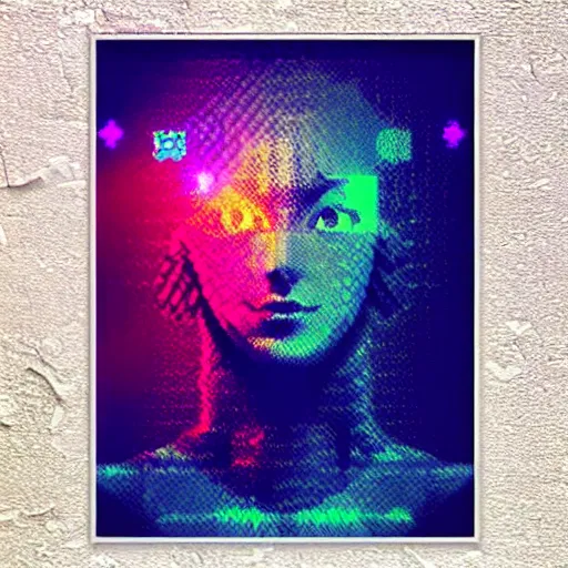 Image similar to a glitch in a cosmic metaverse, consciousness rising, glitch art, pixelart, poster art