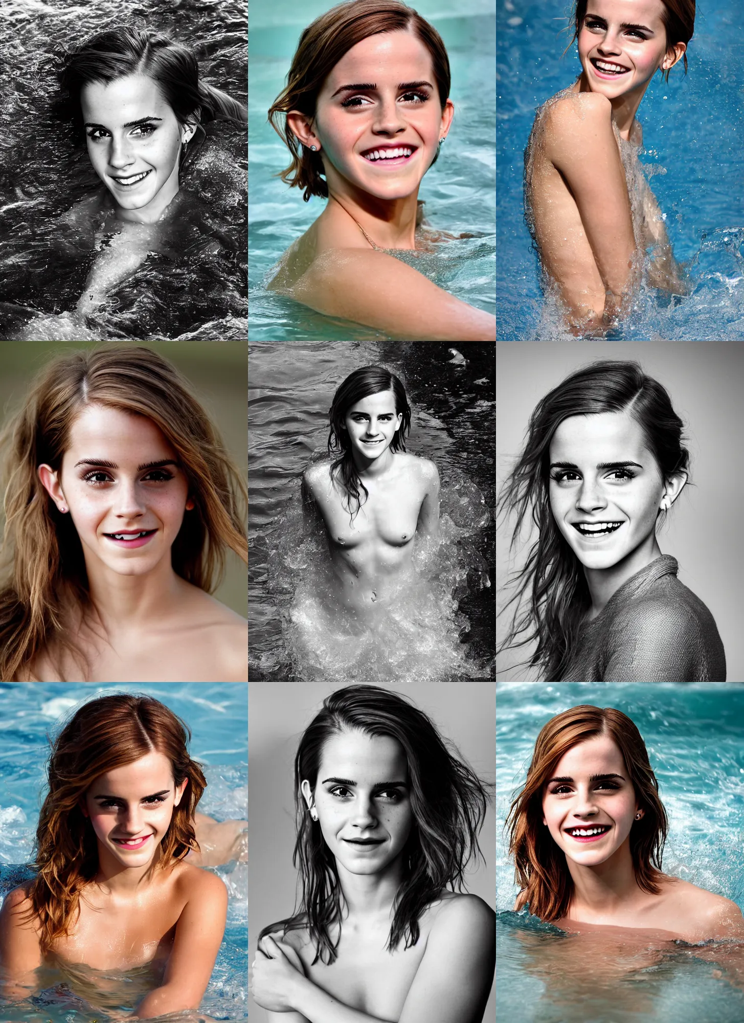 Prompt: photograph, high resolution, of emma watson smiling, beautiful face coming out of the water taken by gregsdiary oxana gromova, fess