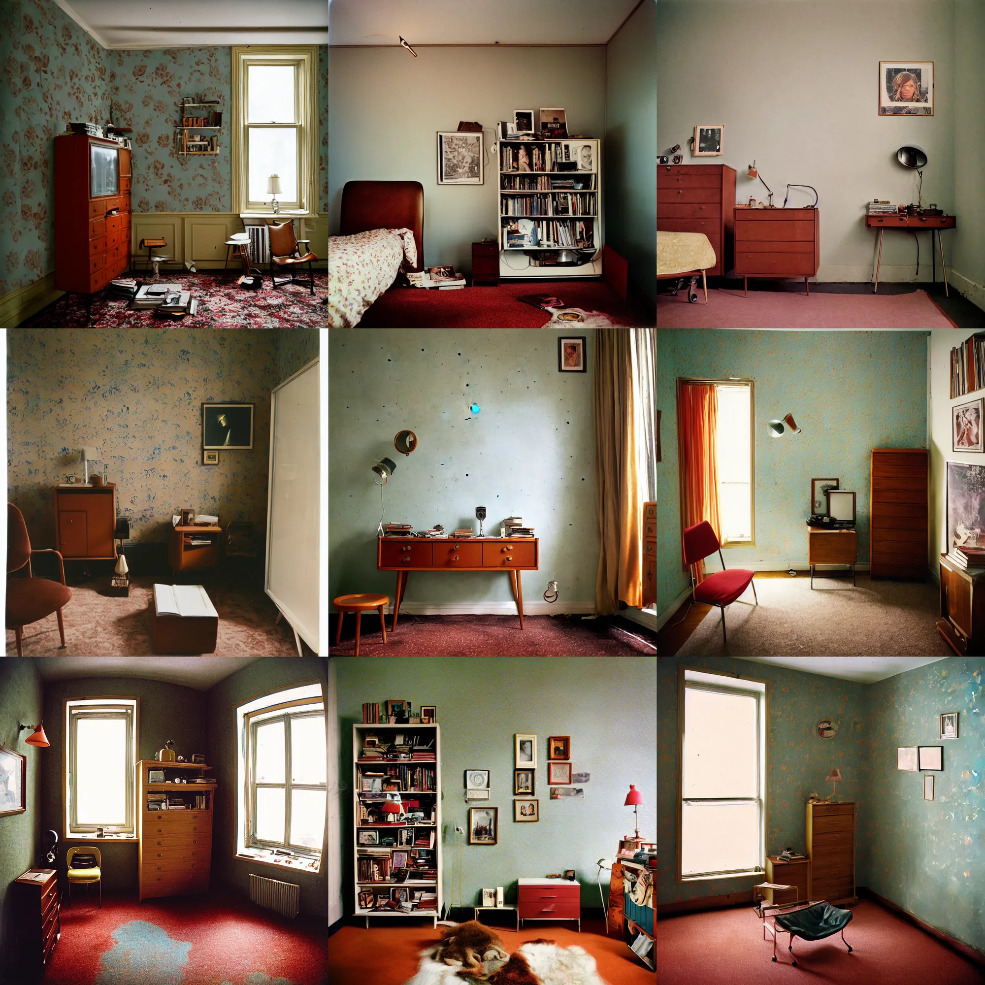 Image similar to kodak portra 4 0 0, wetplate, 8 mm extreme fisheye, award - winning portrait by britt marling of a 1 9 6 0 s room, picture frames, shining lamps, dust, 1 9 6 0 s metal bauhaus furniture, wallpaper, carpet, books, muted colours,