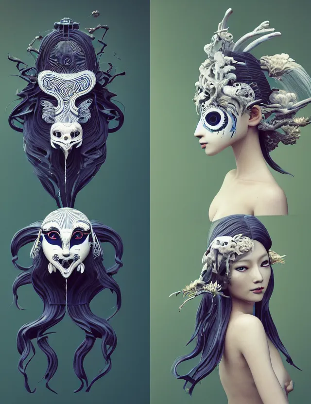 Image similar to 3 d slvic goddess half - turn portrait with long hair with ram skull. beautiful intricately detailed japanese crow kitsune mask and clasical japanese kimono. betta fish, jellyfish phoenix, bio luminescent, plasma, ice, water, wind, creature, artwork by tooth wu and wlop and beeple and greg rutkowski