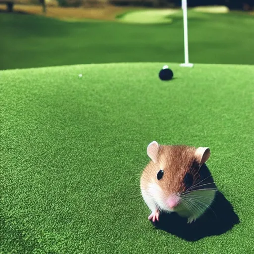 Prompt: “ hamster coming out of a golf hole, golf flag next to the hole ”