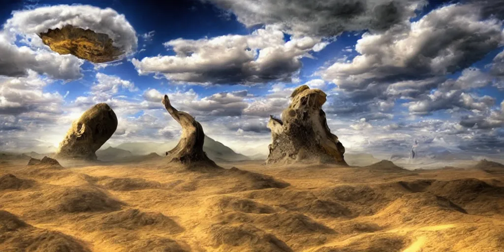 Image similar to surrealist alien landscape, realistic photography, salvador dali, 8k, hd