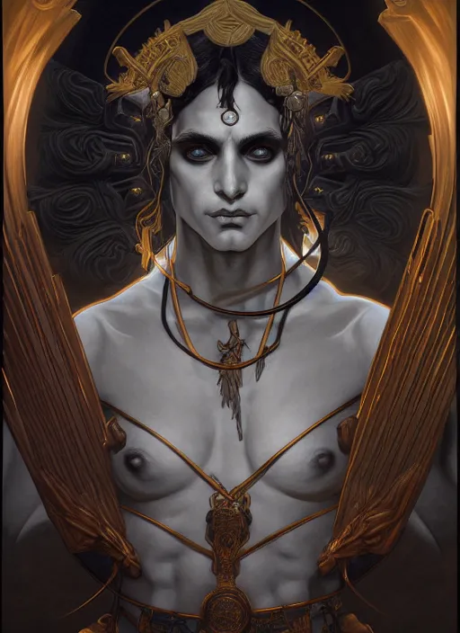 Image similar to symmetry!! portrait of hades, greek mythology, ancient greece, underworld, intricate, highly detailed, dark lighting, digital art, digital painting, artstation, sharp focus, illustration, art by artgerm and greg rutkowski and alphonse mucha, 8 k