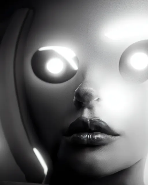 Image similar to black and white high quality photo of a beautiful futuristic female human-cyborg looking into a sci-fi mirror, volumetric lighting, liminal space, brutalism, foggy, dreamy, hyperdetailed, bokeh, photorealistic, cinematic, masterpiece, Metropolis, elegant, dark, octane render, 8K, in the style of Man Ray