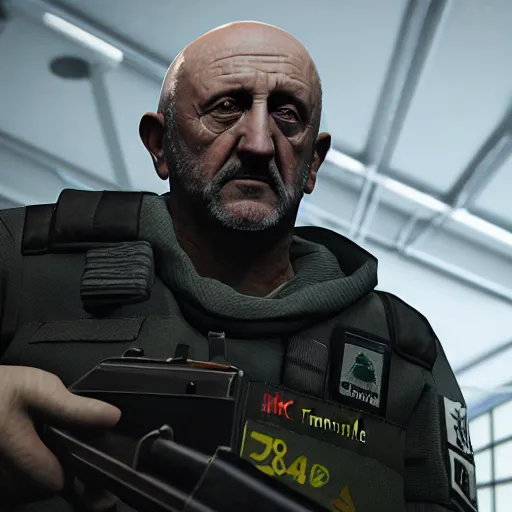 Image similar to Mike Ehrmantraut in Rainbox six siege, 4k, highly detailed