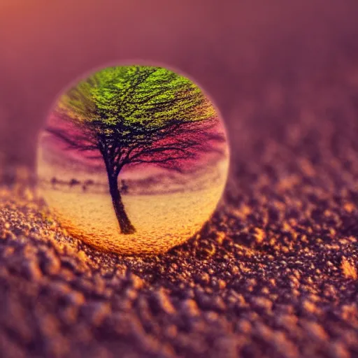 Prompt: macro photo bright day of a tiny sphere containing alternate reality world placed on the ground gobi desert in background dreamy swirling colors